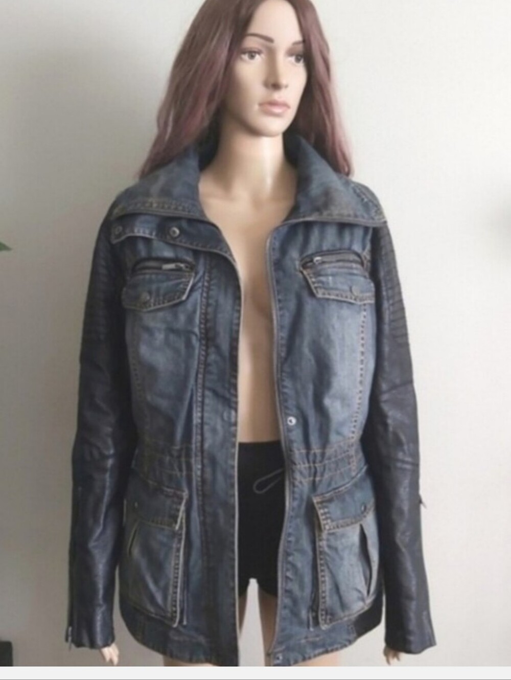 BCBGMaxAzria Blue Denim-Style Jean Jacket Pleather Sleeves Faux Fur Lined